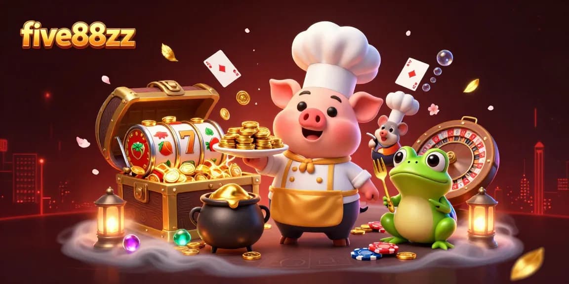 Experience the excitement of five88zz with a chef pig serving gold coins alongside gaming elements.