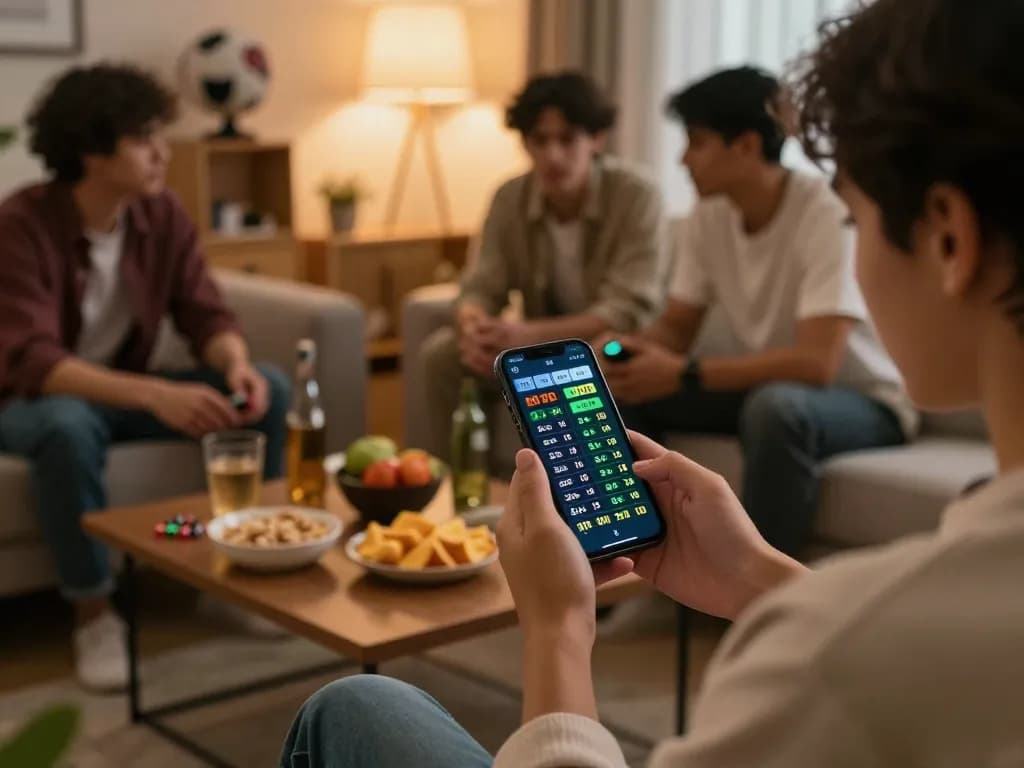 Engaging sports betting moment with keonhacaii displayed on a smartphone in a friendly gathering.