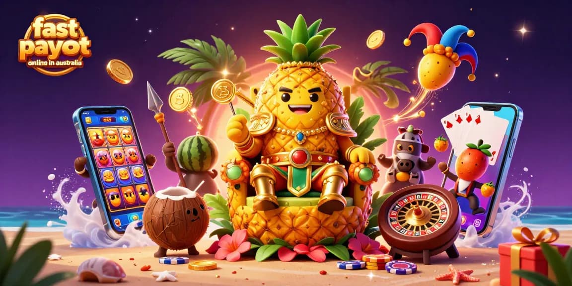 Engage with the fast payout casino online in australia scene featuring a golden pineapple king, coconut guards, and vibrant slot game elements.