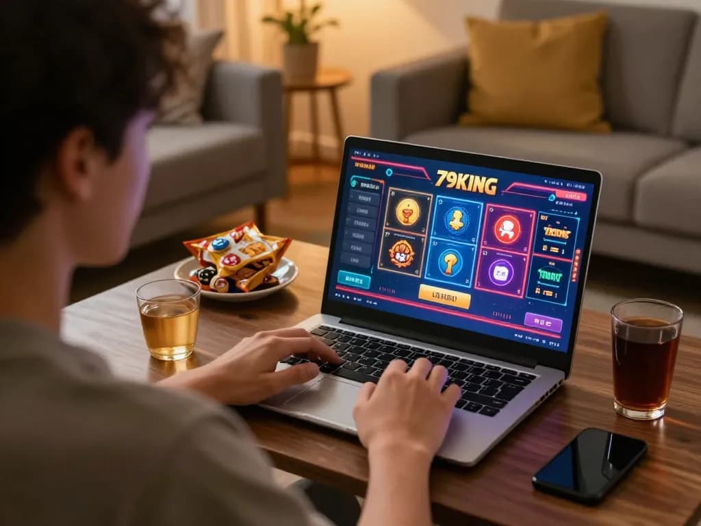 Player enjoying online casino games on 79KING platform in a cozy home setting.