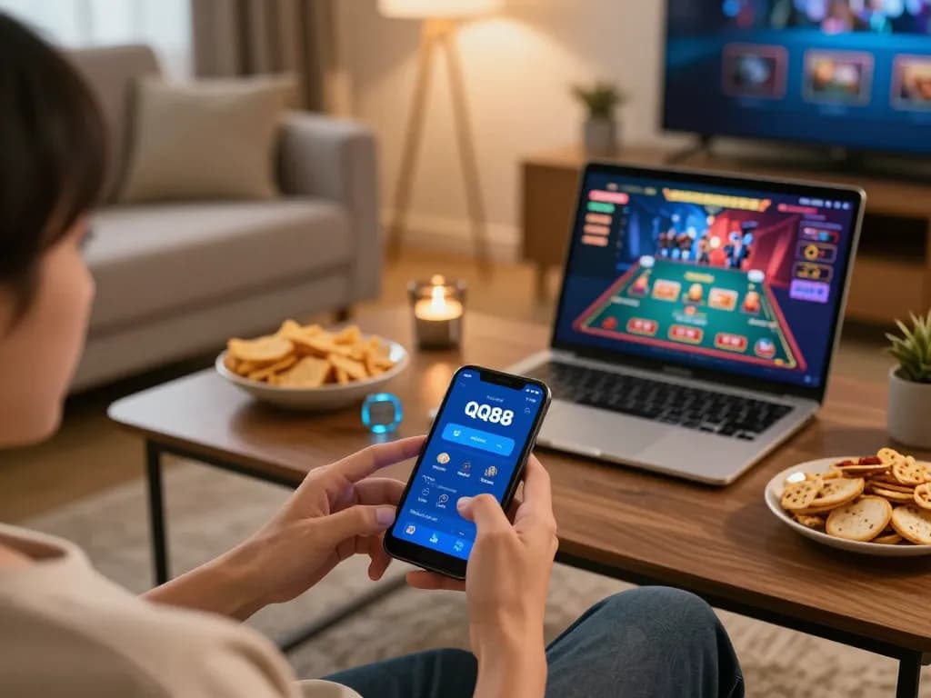 Participants enjoying responsible gambling on the QQ88 mobile app while seated in a cozy living room environment.