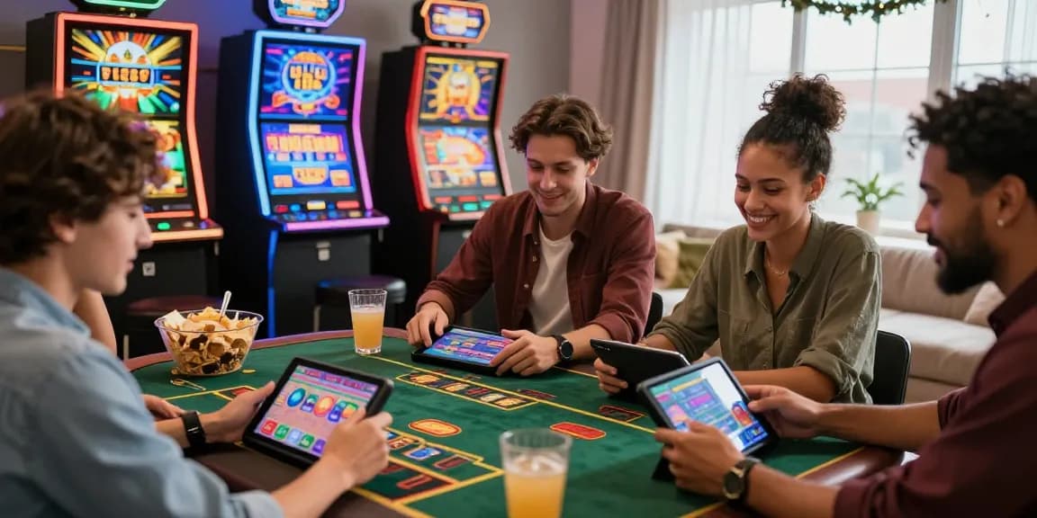 Gruppo di amici che si diverte con i giochi dei casinò non AAMS insieme in un accogliente soggiorno.