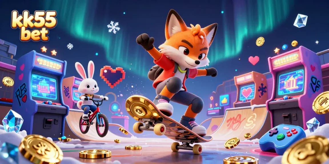 Experience the thrill at kk55 bet with vibrant 3D gaming characters amidst casino-themed elements.