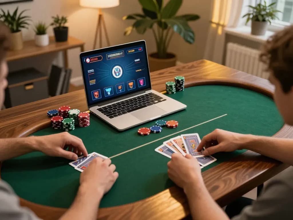 Engaging in online poker with Link Jun88 on a laptop, showcasing dynamic gameplay and responsible gambling.