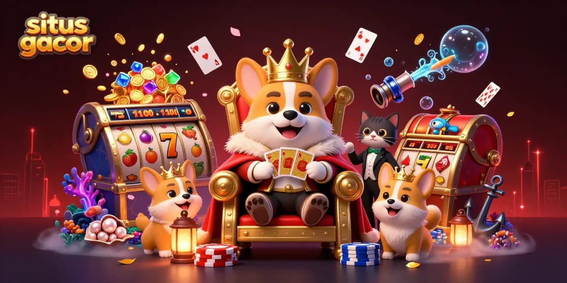 Experience the vibrant world of situs gacor with a lively scene of royal corgi and casino elements.