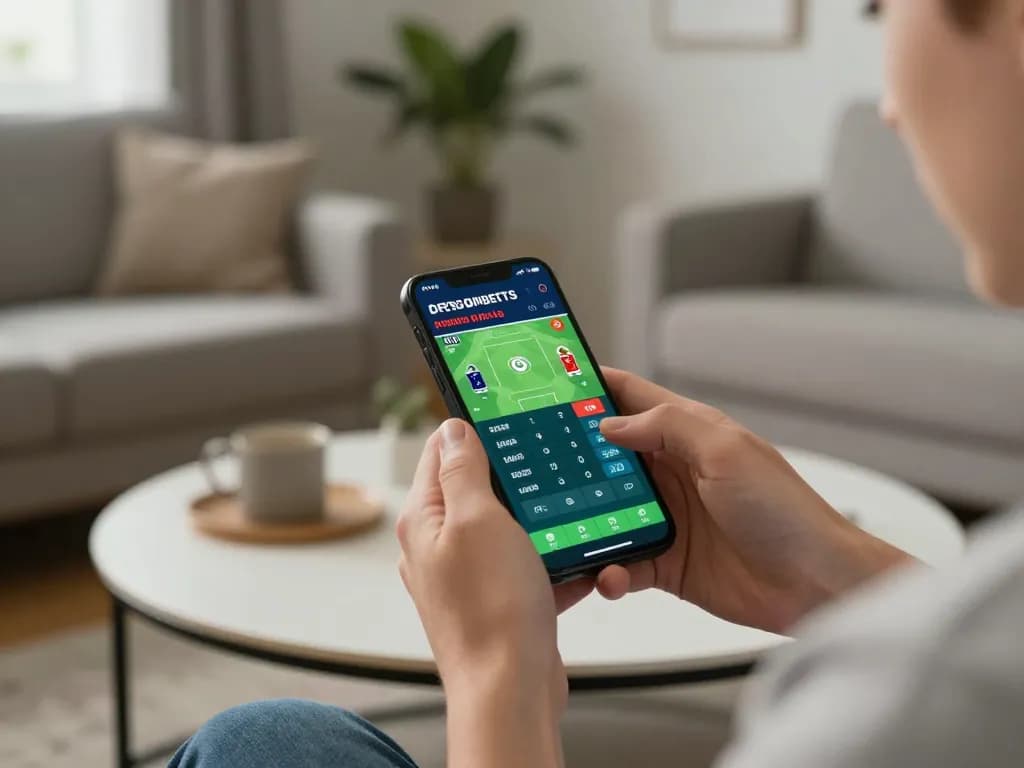 Player engaging with jus77 sports betting app on smartphone in a cozy living room.