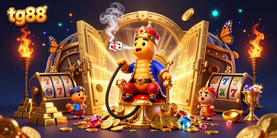 Experience the excitement at tg88 with slot reels and a magical cartoon scene full of treasures.