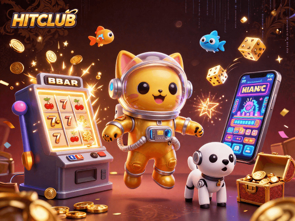 Experience HITCLUB's thrilling games with a vibrant casino scene featuring engaging characters and elements.