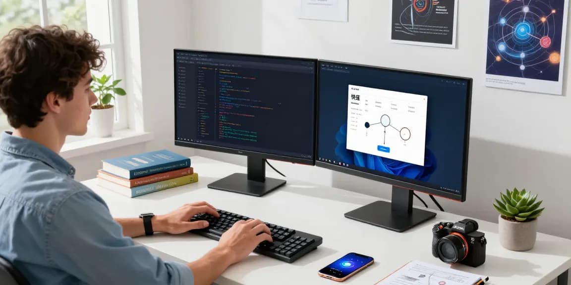 Professional workspace with a user configuring software for 快连, featuring dual monitors and modern tech elements.