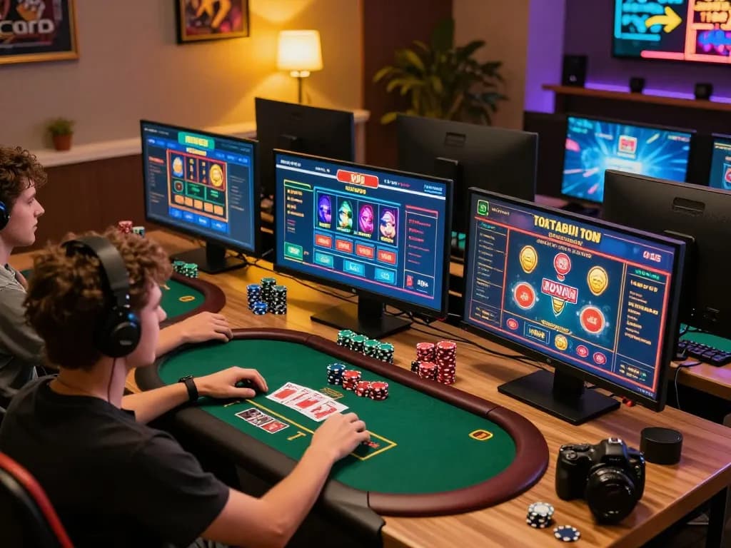 MM 88 online player strategizing gameplay with multiple monitors in a cozy gaming setup