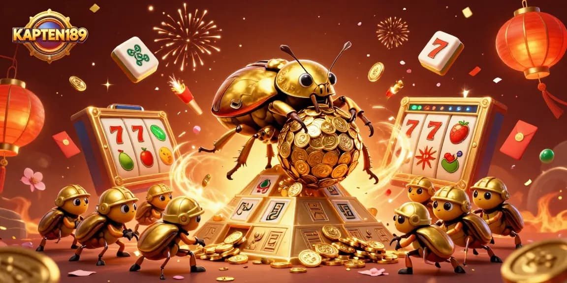 KAPTEN189 menghadirkan suasana bermain slot online dengan jentera khas yang berkilau dan uang emas.