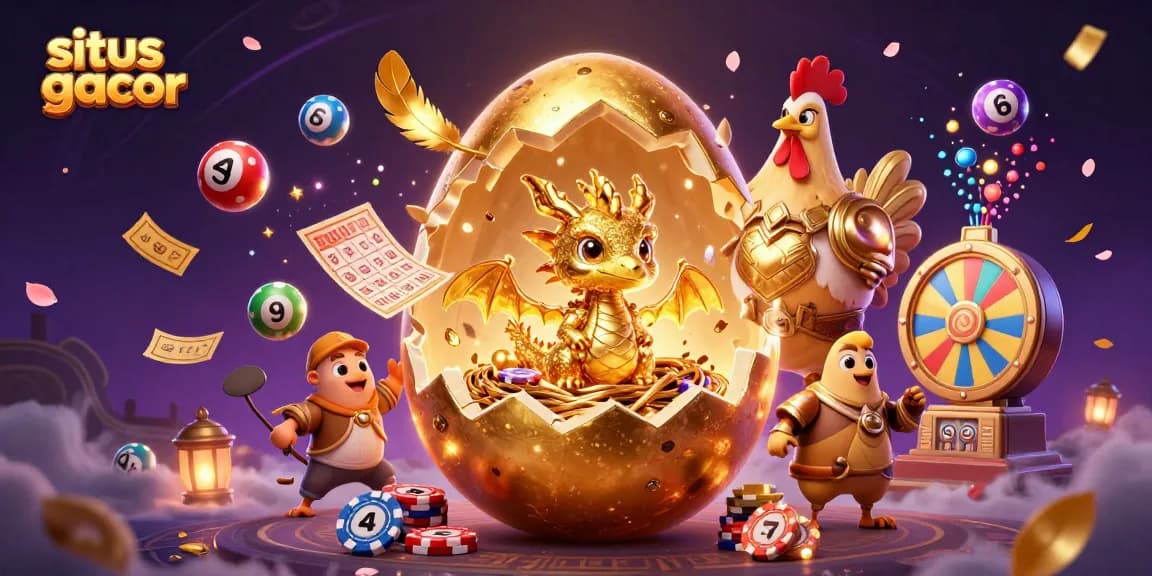 Situs gacor showcases a golden dragon and poker chips amidst vibrant lottery elements, ensuring thrilling gameplay.