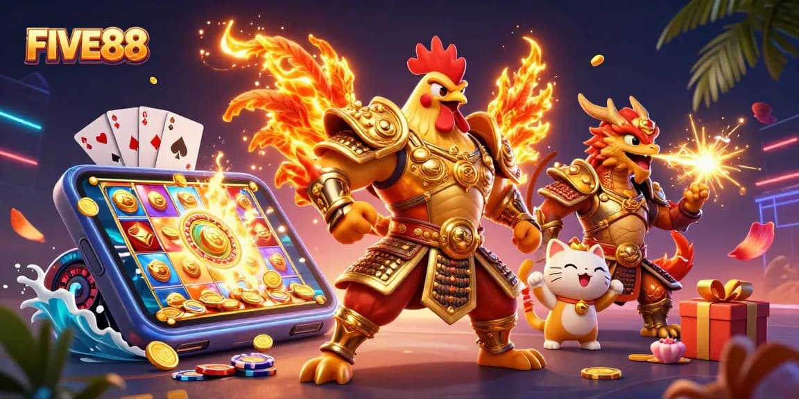 Engage in thrilling gameplay at FIVE88 with colorful slot games and vibrant characters in a stunning 3D illustration.