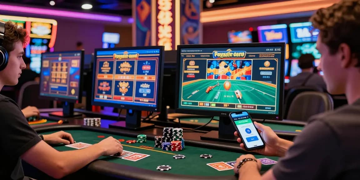 Spannende Paysafe Card Casino-Szene mit Spielern, die Online-Spiele genießen und die Paysafe Card-App verwenden.