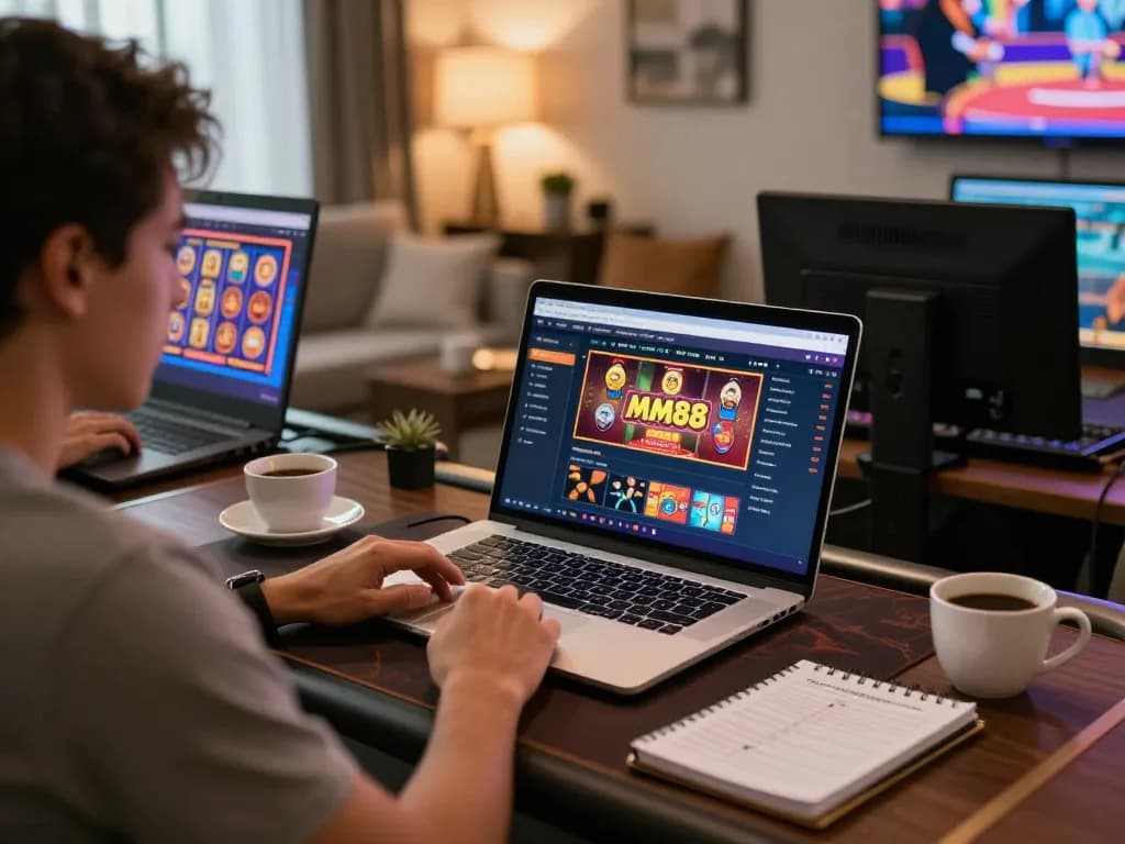 Engaged player using MM88br online casino platform from home with strategies in view.