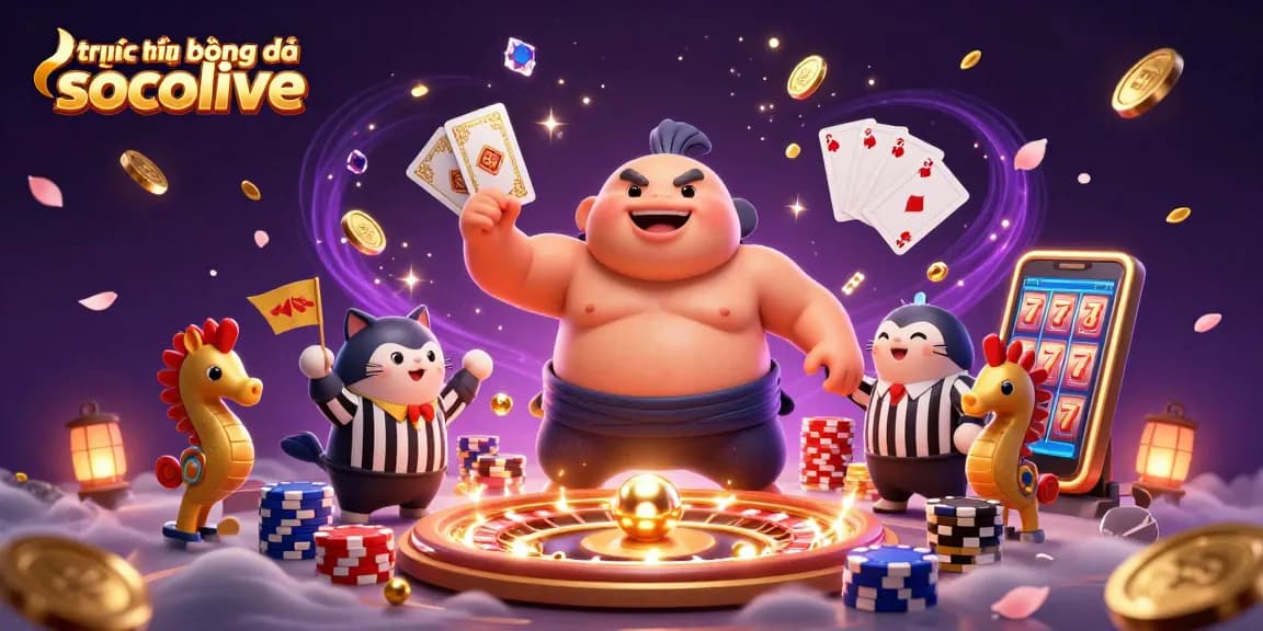 Experience trực tiếp bóng đá socolive with a lively underwater casino scene featuring a sumo fugu and playful elements.
