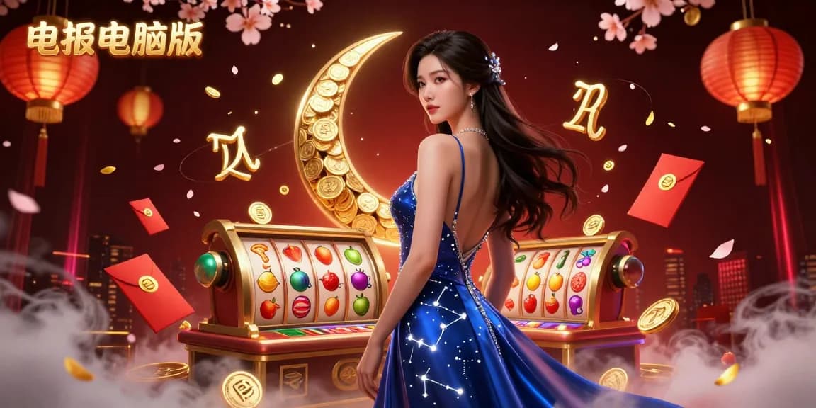 体验电报电脑版带来的激动人心的游戏玩法，这幅生动的赌场插图展示了动态的老虎机转轮和节日元素。