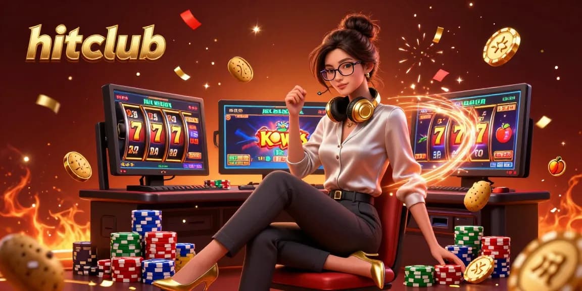 Hitclub showcases players winning at a vibrant casino setup with virtual slots, poker chips, and engaging gameplay.