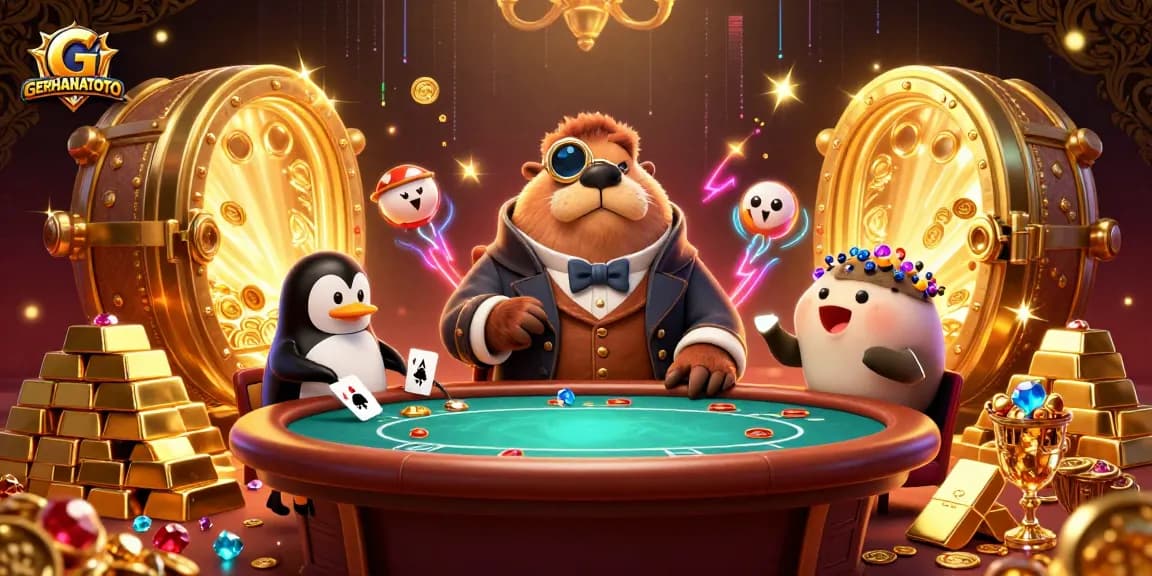 GERHANATOTO, menunjukkan pemain poker bawah laut yang berinteraksi di meja dengan elemen gemerlap dan harta karun.