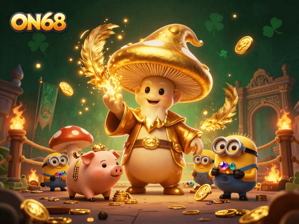 Experience thrilling gameplay at ON68 with golden mushroom wizard and treasure-hunting pig