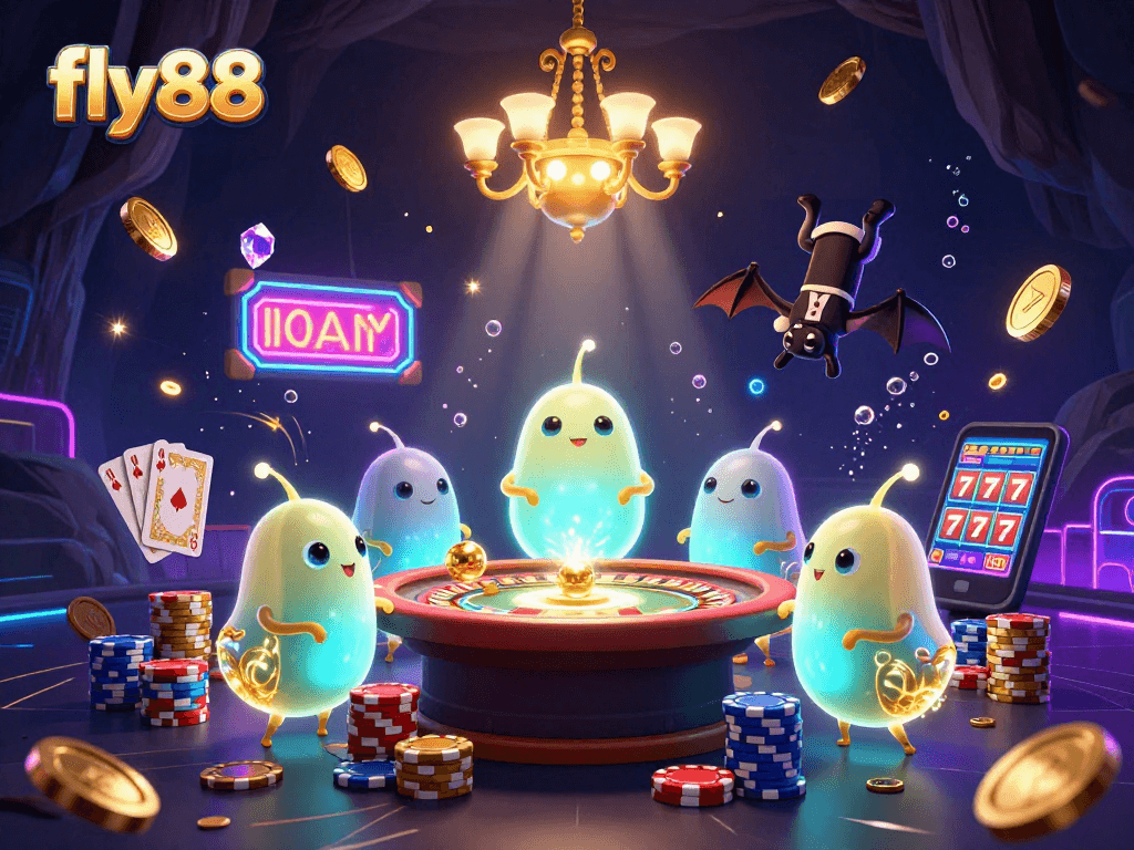 Experience the excitement at fly88 with vibrant casino elements and animated glowworm characters lighting up the scene.
