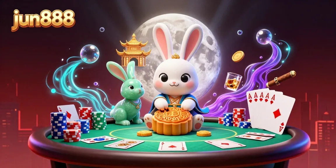 Win big with jun888 at the dynamic lunar poker scene featuring a moon rabbit, poker chips, and vivid gaming elements.