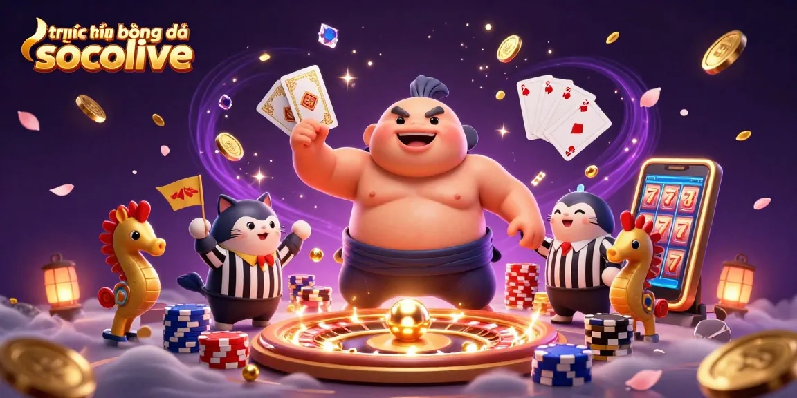 Experience trực tiếp bóng đá socolive with a lively underwater casino scene featuring a sumo fugu and playful elements.