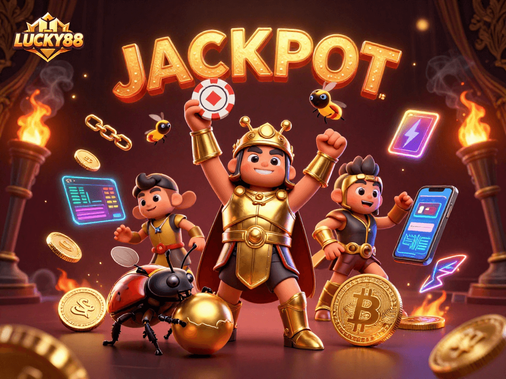 Experience the excitement of LUCKY88 with a triumphant hercules beetle championing a casino victory.