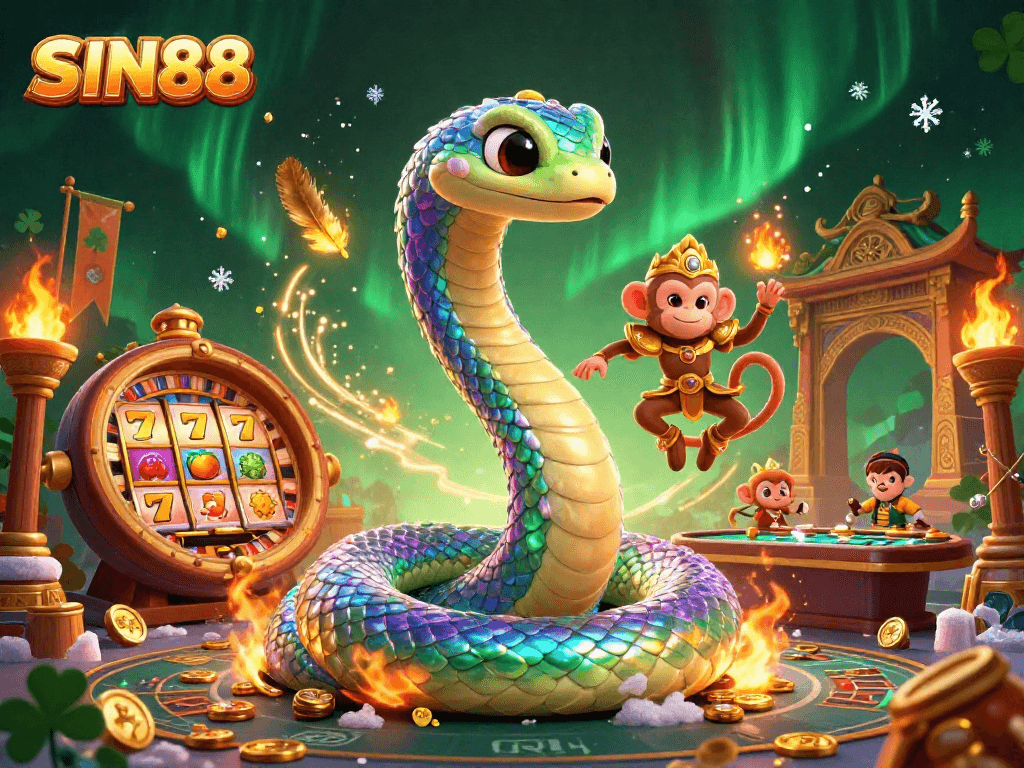 SIN88 illustrates a vibrant casino scene with rainbow serpent, monkey king, and golden pillars, showcasing engaging slot elements.