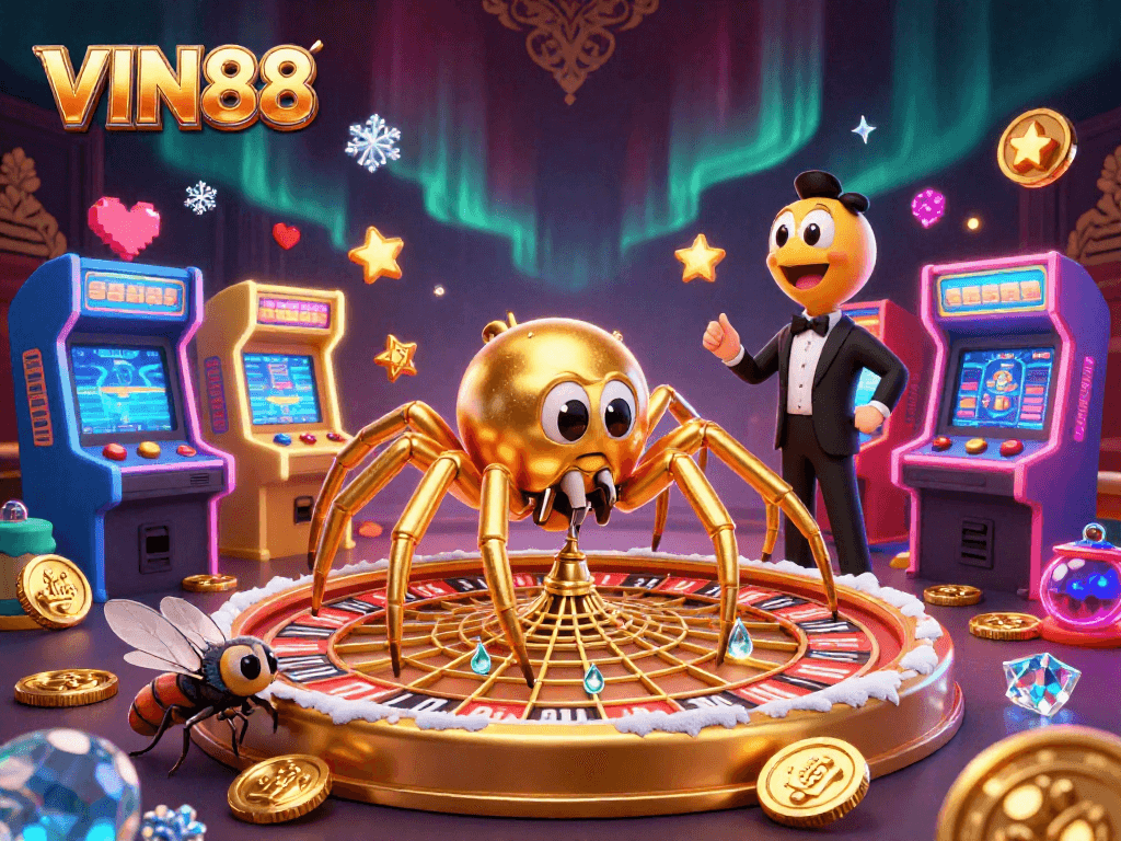 Experience thrilling gameplay with VIN88's unique roulette wheel scene featuring vibrant gaming elements and engaging characters.