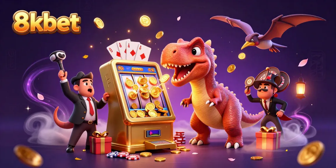 8kbet cartoon illustration with dinosaurs and slot machine celebrating a jackpot win in an exciting casino scene
