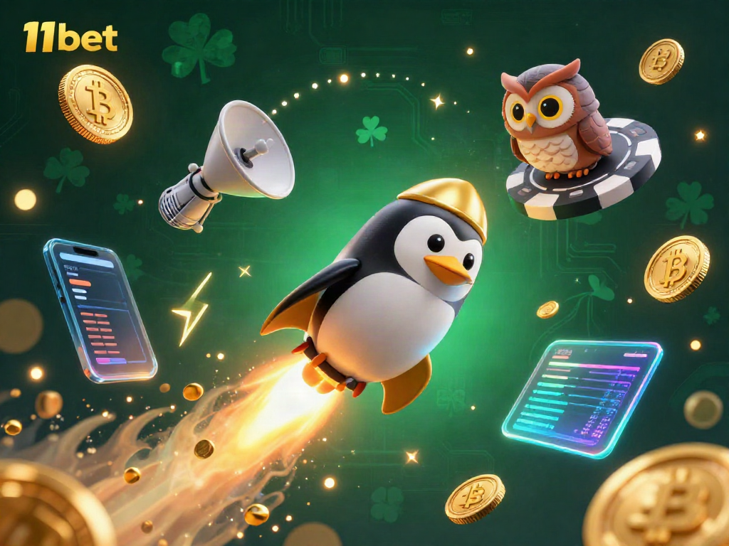 Experience vibrant casino gaming with 11bet's golden penguin rocket and poker chip space station.