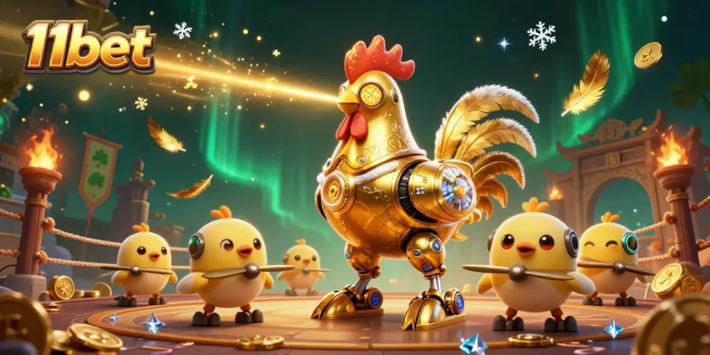 Engage in exciting gameplay with the vibrant 11bet golden rooster robot and chick drones surrounded by rich casino elements.