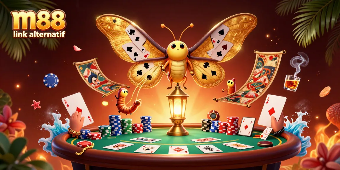 Bet on excitement with the m88 link alternatif as a 3D atlas moth and companions create a vibrant casino scene.