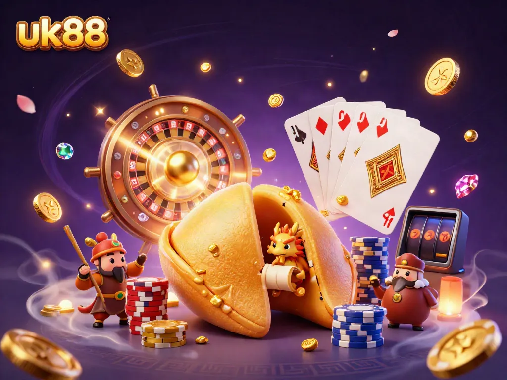 Engage with the exciting world of uk88 gaming featuring a fortune cookie character and dynamic casino elements.