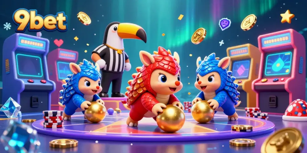 Experience thrilling gameplay with 9bet's animated pangolins rolling through poker chips in an engaging casino scene.