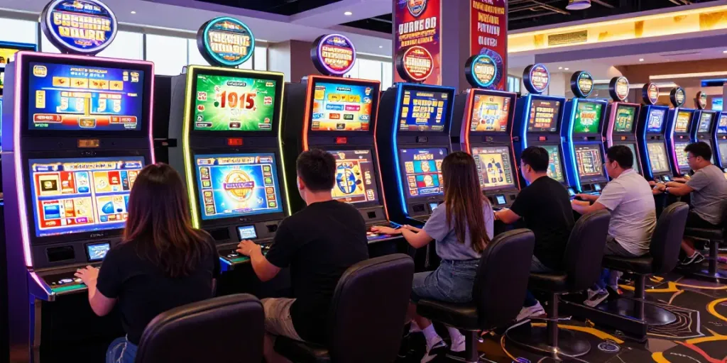 Engaging online gaming experience at https://red88.limited/ with diverse players and colorful slot machines.