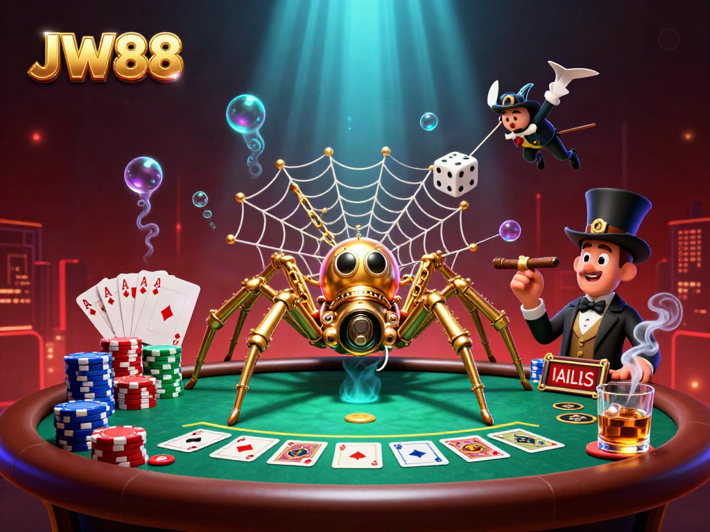 Engage with the captivating world of JW88, showcasing a steampunk spider, poker elements, and vibrant casino ambiance.