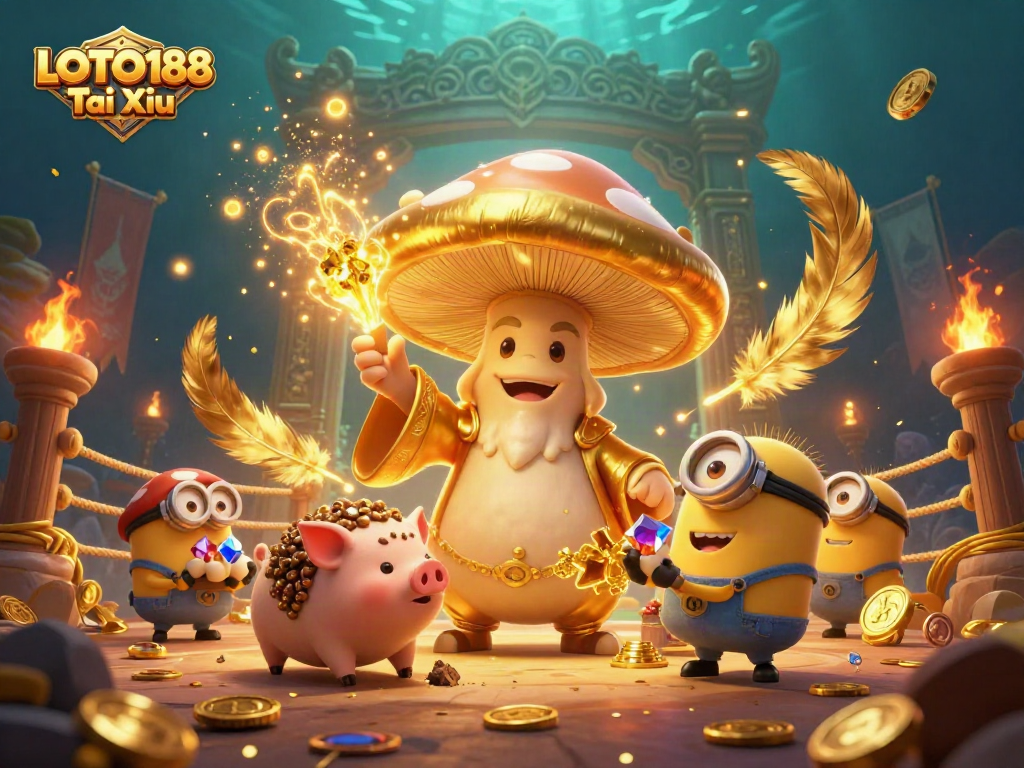 Engage with LOTO188 Tai Xiu in this vibrant scene featuring a golden mushroom wizard and treasures.