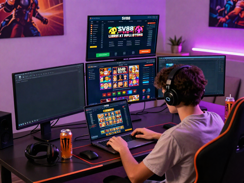 Experience the excitement of online gaming with SV88 on multiple screens displaying live casinos, sports betting, and slot games.