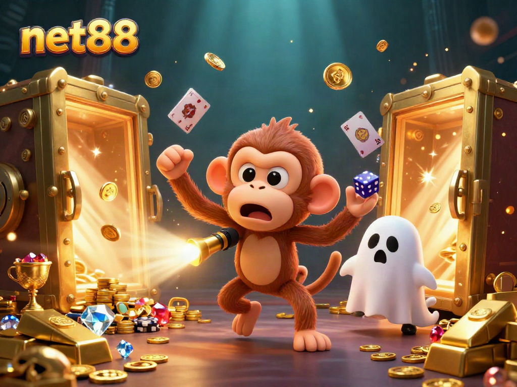 Experience the thrilling net88 gaming scene featuring a poltergeist monkey and a ghost-hunter puppy in a haunted casino.