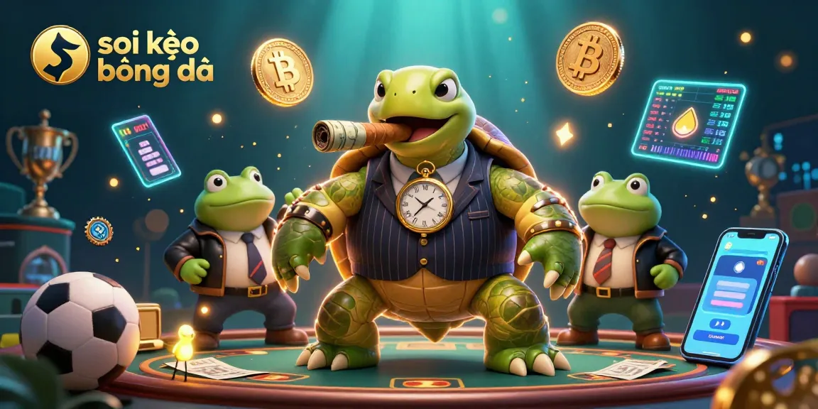 Soi kèo bóng đá with a savvy snapping turtle and bullfrogs in a dynamic sports betting scene.