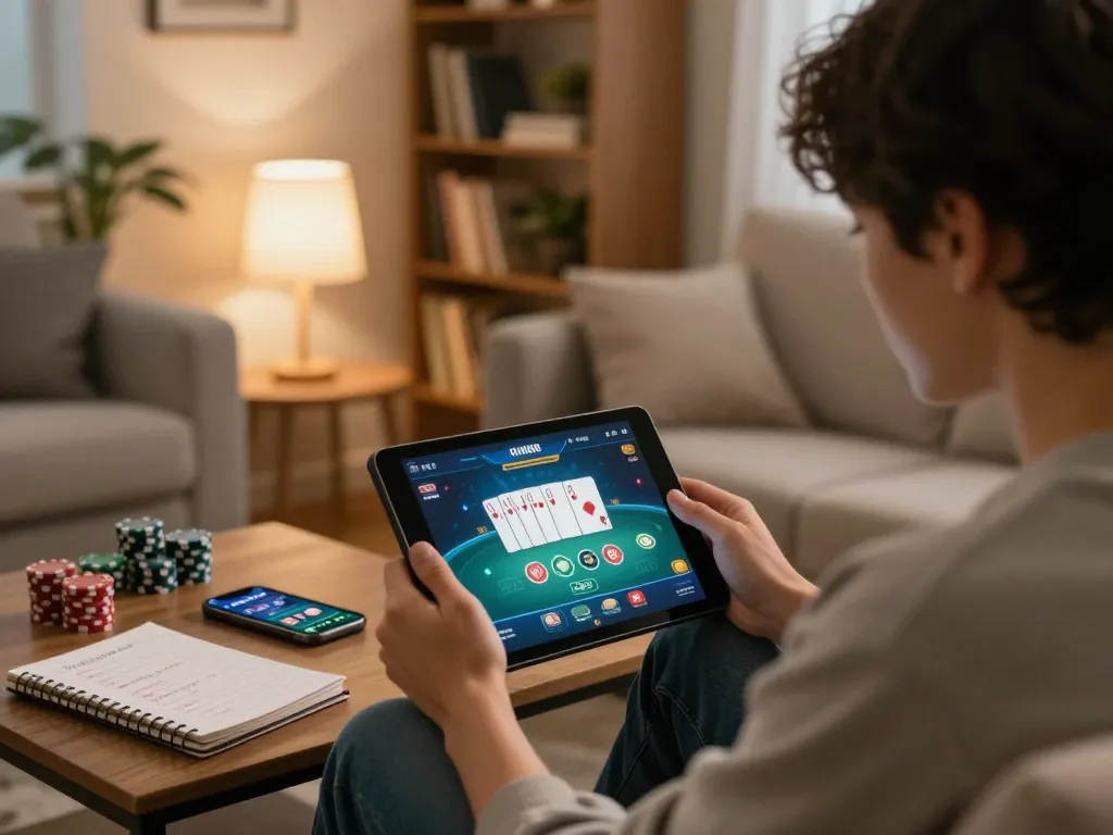 cm88 user engaged in online poker gaming on a tablet in a cozy living room, with strategy notes and ambient lighting.