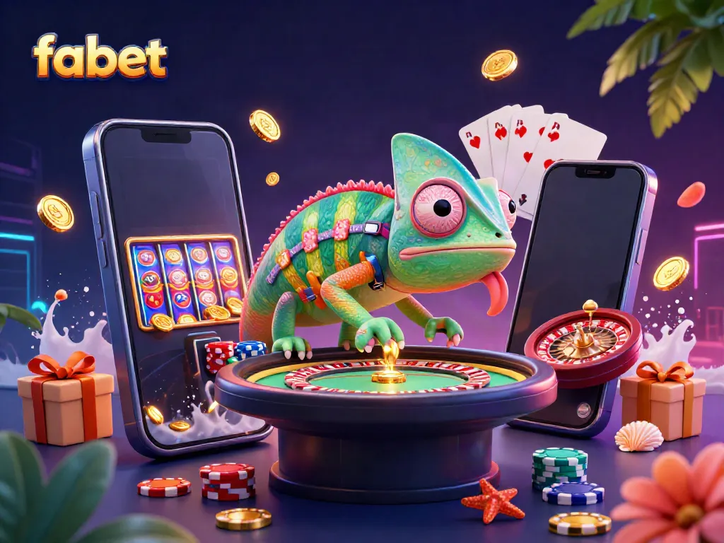 Experience vibrant gaming action with fabet's dynamic chameleon casino owner amidst glowing gaming elements and coins.