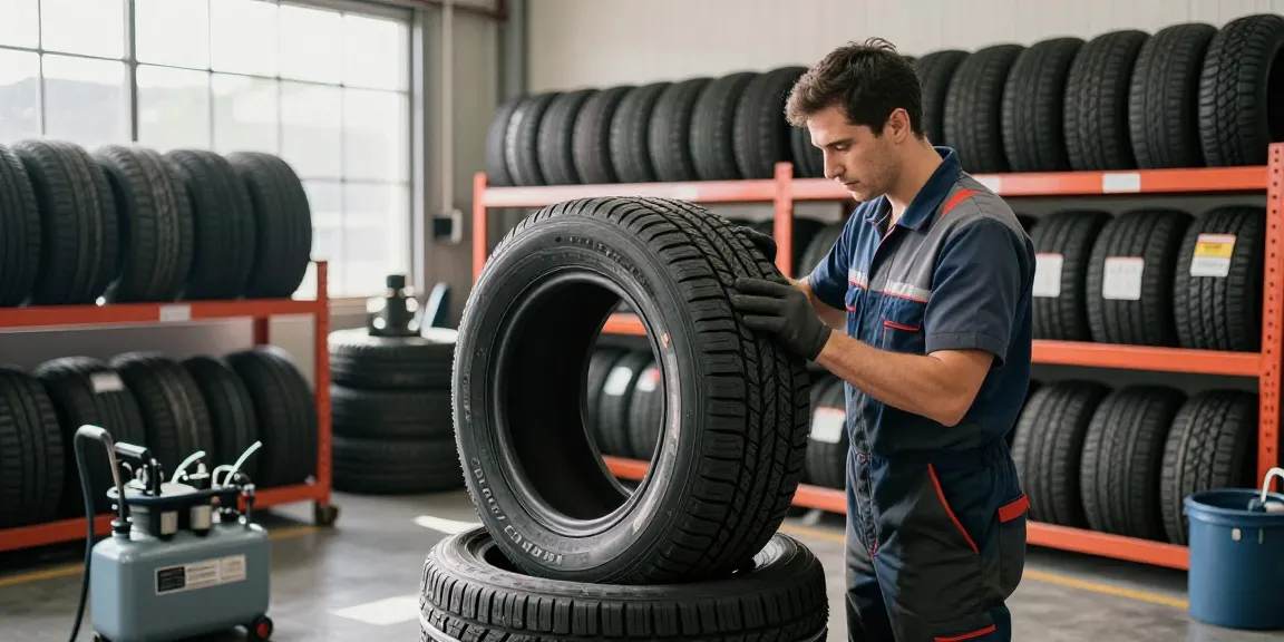 Technician inspecting Double Coin RR99 tires in a bright automotive workshop focused on quality tire service.