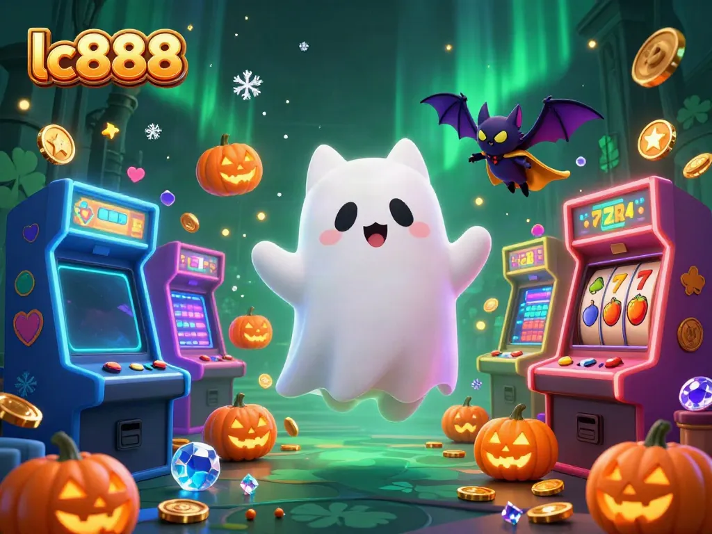 Engage with lc888 in a ghostly casino adventure featuring gaming elements and vibrant colors.