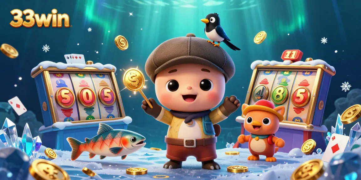 Play and win at 33win with adorable characters and vibrant casino elements in a captivating 3D scene.