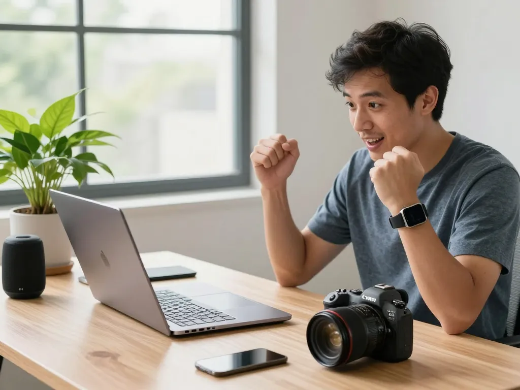 Excited user showcasing affordable tech gadgets in a modern workspace setup.