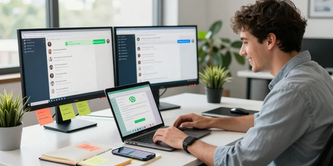 Professional engaging with WhatsApp網頁版 in a modern workspace, showcasing connectivity and collaboration