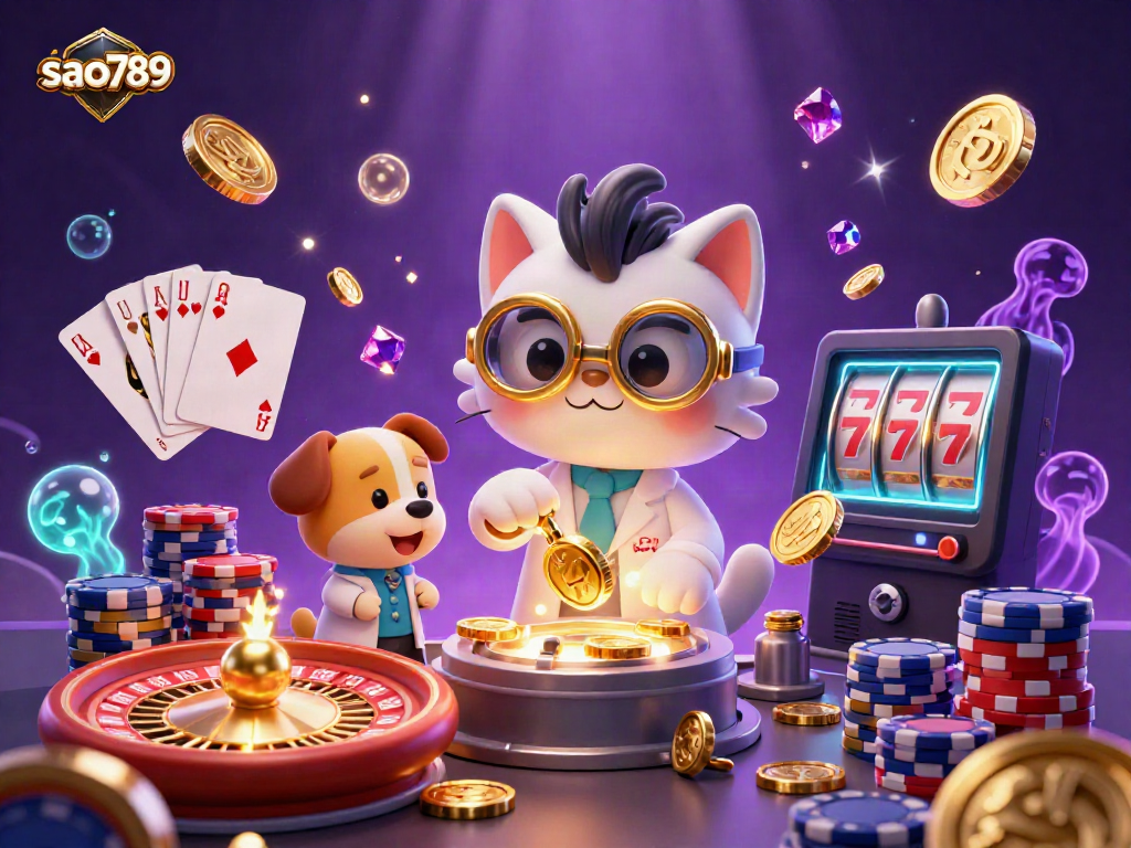 Sparkling casino scene featuring a mad scientist cat and a dog creating wealth for sao789 players.